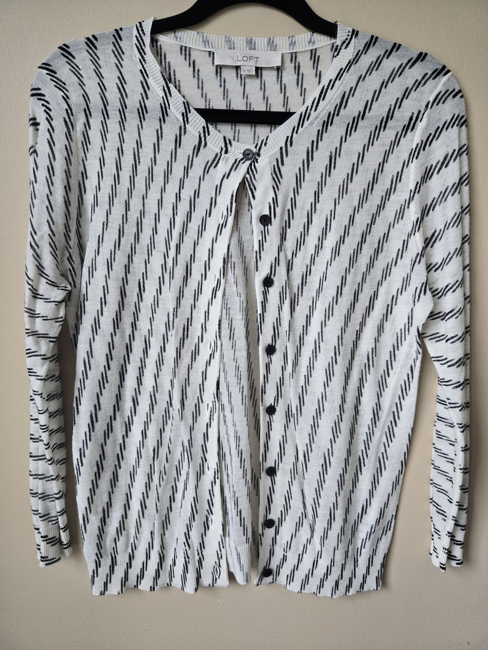 Ann Taylor Cream and Black Striped Button-Front Cardigan